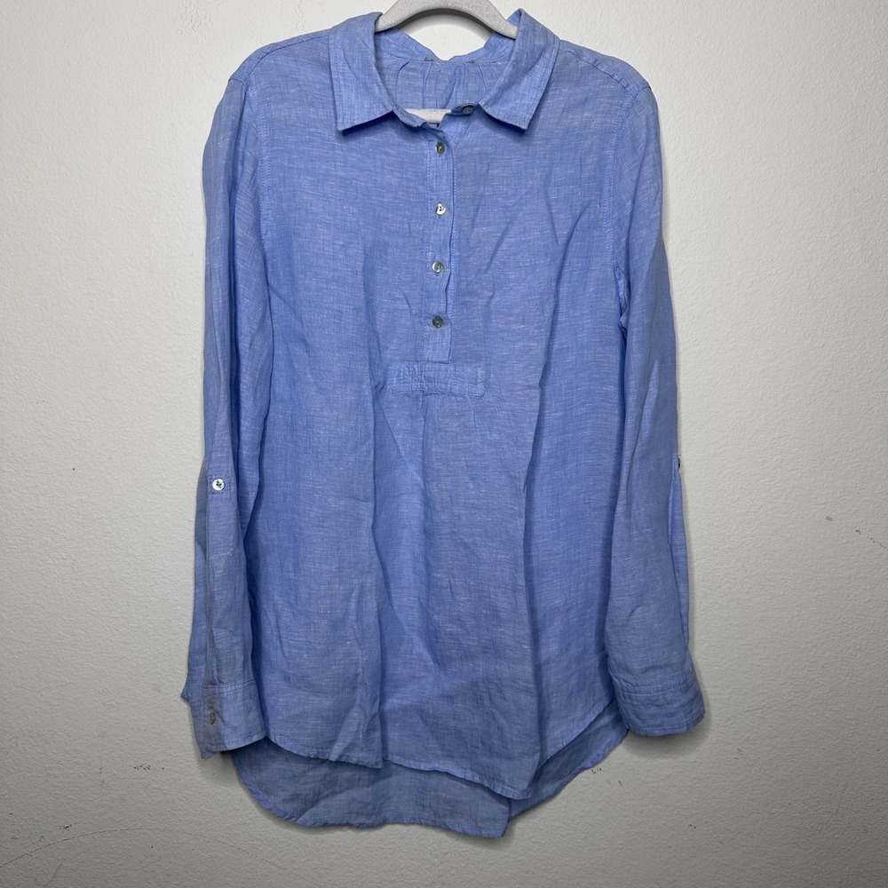 Womens 100% Linen Tunic Top Sizd Large ? Blue Buttons Beach Resort Roll Tab Slee